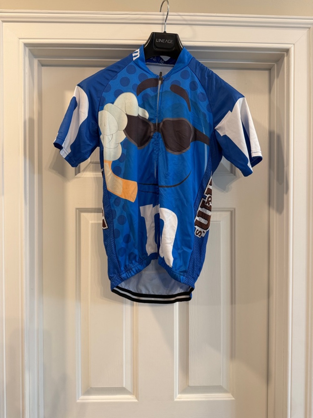 Blue M&M Cycling Jersey with Sunglasses graphic